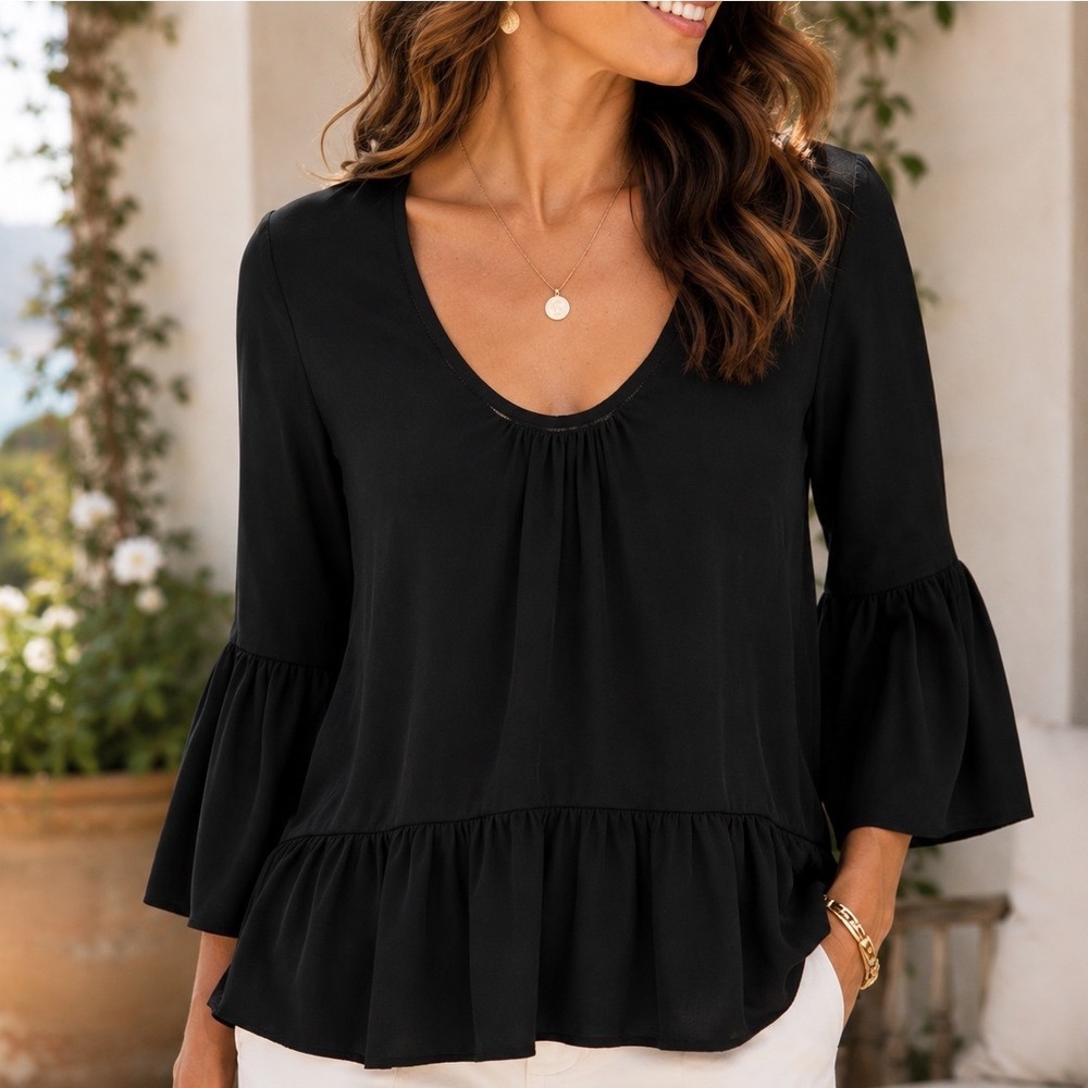 Trina Turk Lilia's Silk Blouse Women S Black Popover Top‎ Peplum Coastal Chic